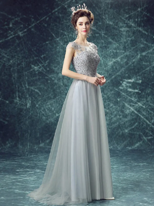 Epic Deals Long Prom Dresses Scoop Floor-length Appliques Beading Tulle Prom Dress JKL533