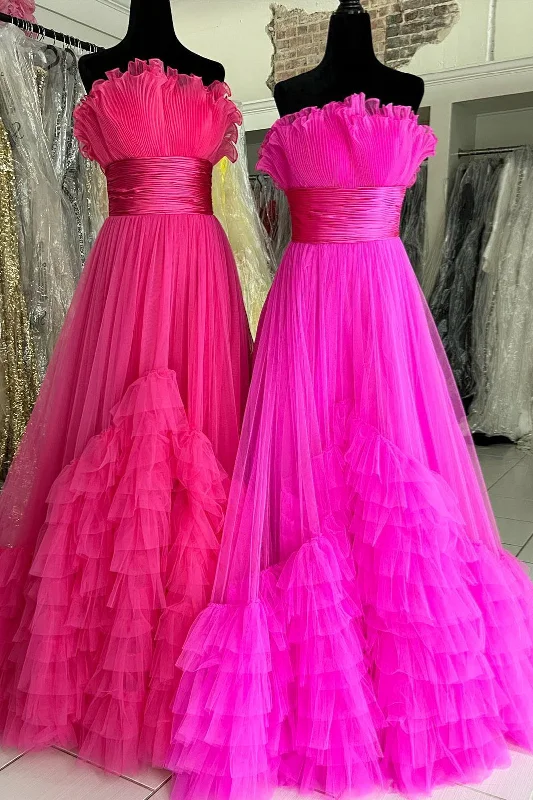 Bargain Prices sleek midi dressHot Pink Ruffled Strapless Layers Long Prom Dress