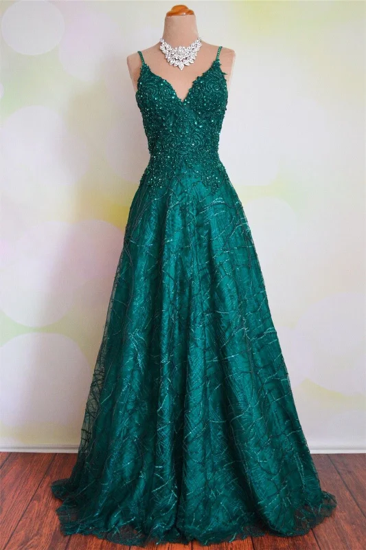 Flash Deals draped dressPeacock Green A-line Tulle Spaghetti Strap Backless Lace Long Formal Dress