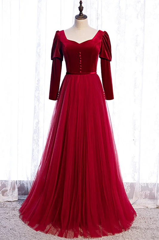 Take Advantage elegant dressRed A-line Puff Long Sleeves Lace-Up Maxi Formal Dress with Buttons