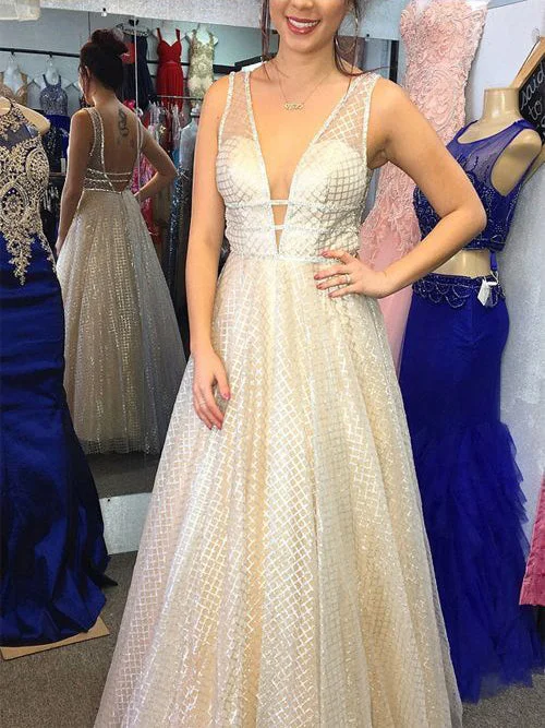 Best Deals Sparkly Prom Dresses with Straps A Line V-neck Long Lace Open Back Prom Dress JKL1515