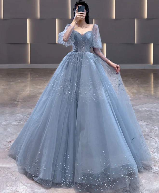 Unbeatable Prices statement dressV Neck Tulle Sequin Blue Long Prom Dress, Blue Formal Graduation Dress Y4453