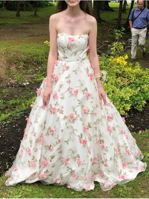Daily Specials Beautiful Prom Dresses Strapless A Line 3D Flowers Long Floral Lace Prom Dress JKL1513