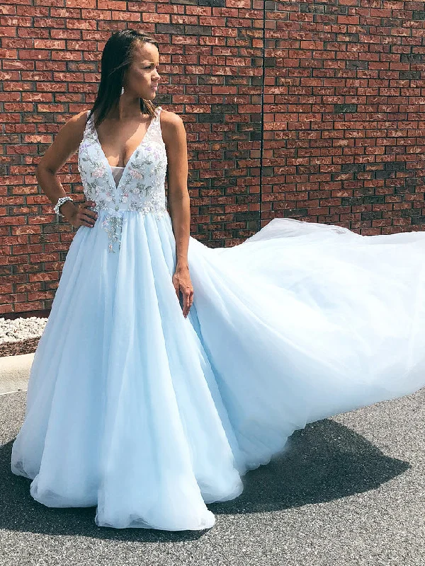 New Deals Open Back Prom Dresses with Straps A Line V-neck Long Embroidery Sky Blue Prom Dress JKL1522