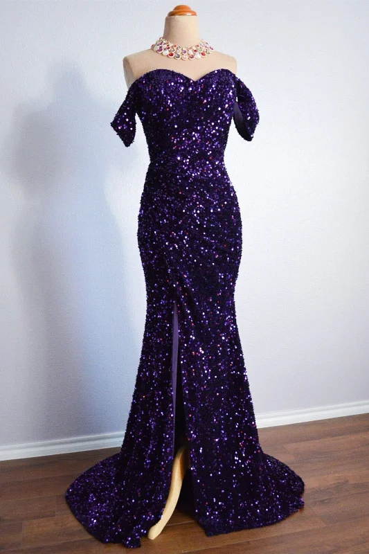 Deal Dash minimalistic dressRegency Mermaid Off-Shoulder Sparkly Pleated Slit Long Formal Dress