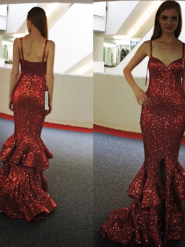 Exclusive Access Burgundy Prom Dresses with Straps Sequins Lace Long Sparkly Slit Mermaid Prom Dress JKL1558