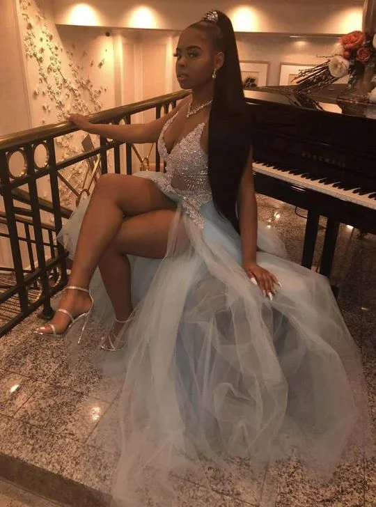 Great Bargains stylish party dressPretty V neck Lace Prom Dress, Sexy Split Slit Evening Dress Y170
