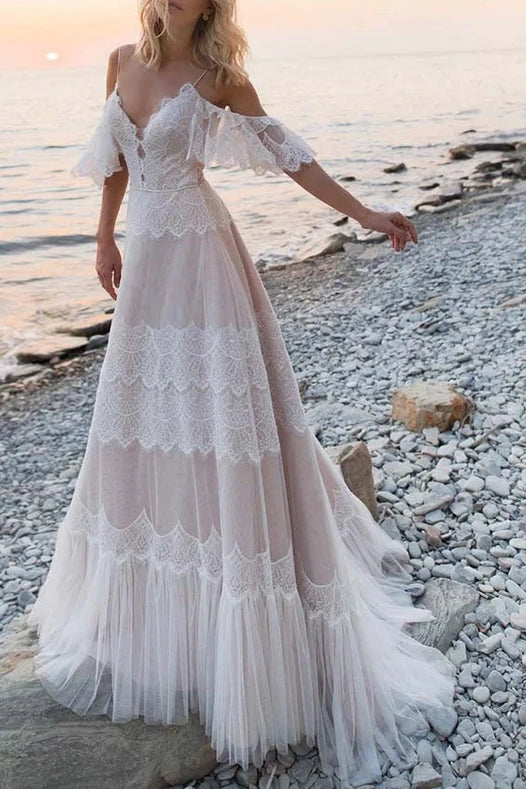 Lowest Price comfy dressV-Neck Off-Shoulder Tulle A-Line Lace Up Boho Wedding Dress Lowest Price comfy dressV-Neck Off-Shoulder Tulle A-Line Lace Up Boho Wedding Dress