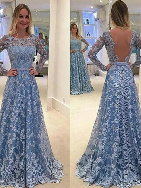 Price Meltdown Long Prom Dresses Scoop A Line Floor-length Long Sleeve Lace Prom Dress Sexy Evening Dress JKL639
