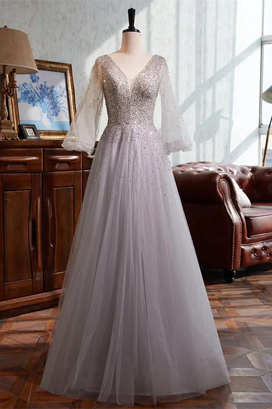 Weekend Deal summer floral dressSilver Grey V Neck Illusion Long Sleeves Beaded Maxi Formal Dress Weekend Deal summer floral dressSilver Grey V Neck Illusion Long Sleeves Beaded Maxi Formal Dress