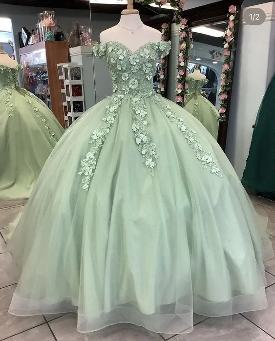 Stock Clearance floral midi dressOff The Shoulder Sage Green Ball Gown With Flowers Sweet 16 Dress Quinceanera Y4342