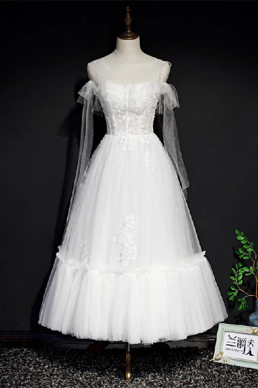 Steals and Deals shift dressWhite Illusion Off-the-Shoulder Ruffle Appliques Tea Length Prom Dress