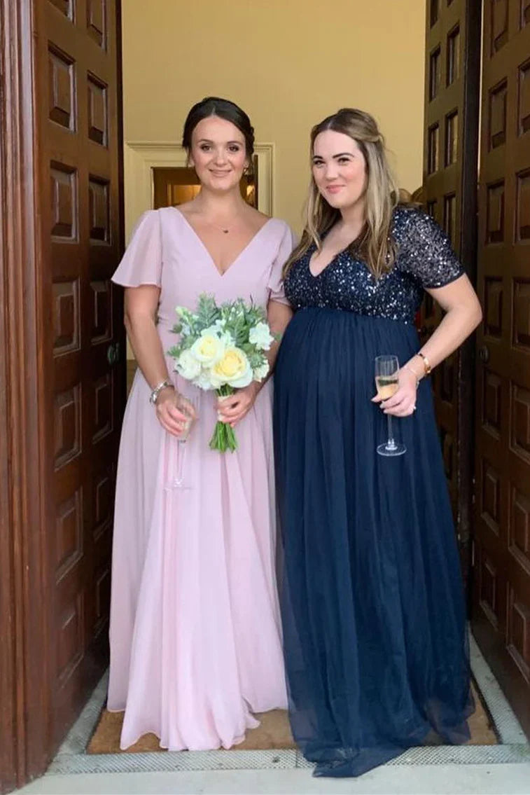 Midnight Sale casual midi dressGlamorous Chiffon A-Line V-Neck Short Sleeves Bridesmaid Dress