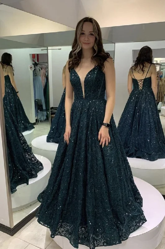 Crazy Deals Dark Lace Sequins Deep V Neck Long Prom Dress Evening Gown GJS211
