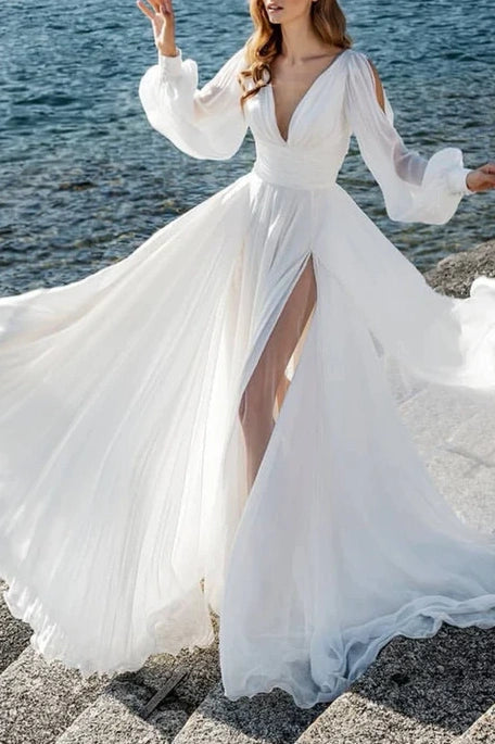 Act Now casual dressChic Chiffon A-Line V-Neck Wedding Dress With Side Slit