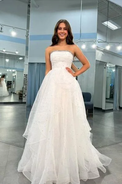 Instant Savings oversized dressGlitter Tulle A-Line Strapless Beaded Long Party Prom Dress