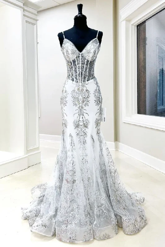 Early Access casual midi dressWhite Straps V-Neck Applique Mermaid Prom Dress