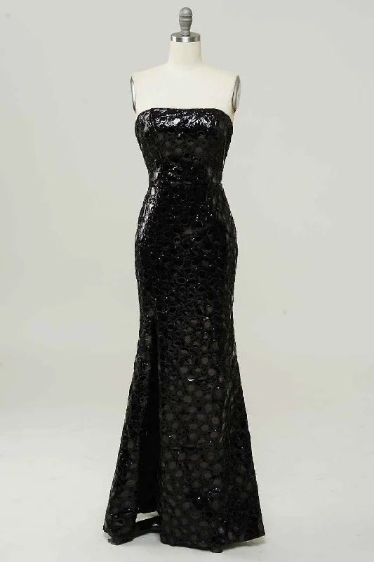 Weekend Deal draped dressBlack Mermaid Strapless Sequins Slit Long Prom Dress