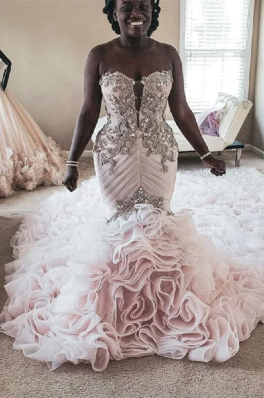 Crazy Savings Plus Size Mermaid Crystal Lace Beads Sweetheart Long Train African Custom Made Ruffless Wedding Dresses