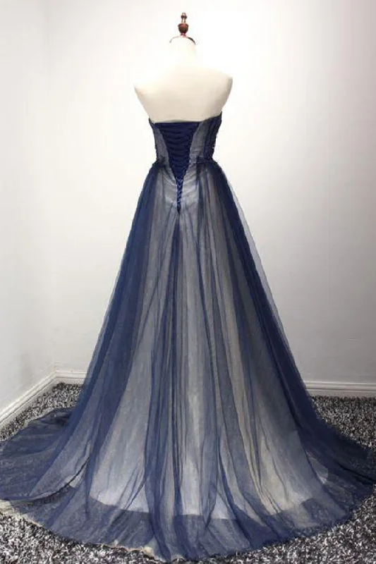 Weekend Deal Navy A Line Sweep Train Straight Sleeveless Mid Back Lace Up Prom Dresses