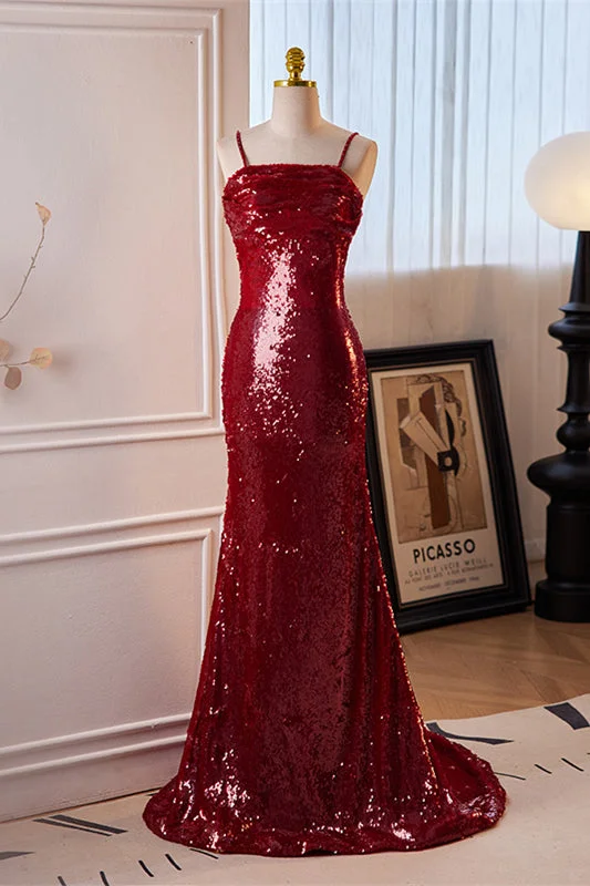 Final Sale wrap dressRed Sequins Mermaid Straps Lace-Up Long Prom Dress