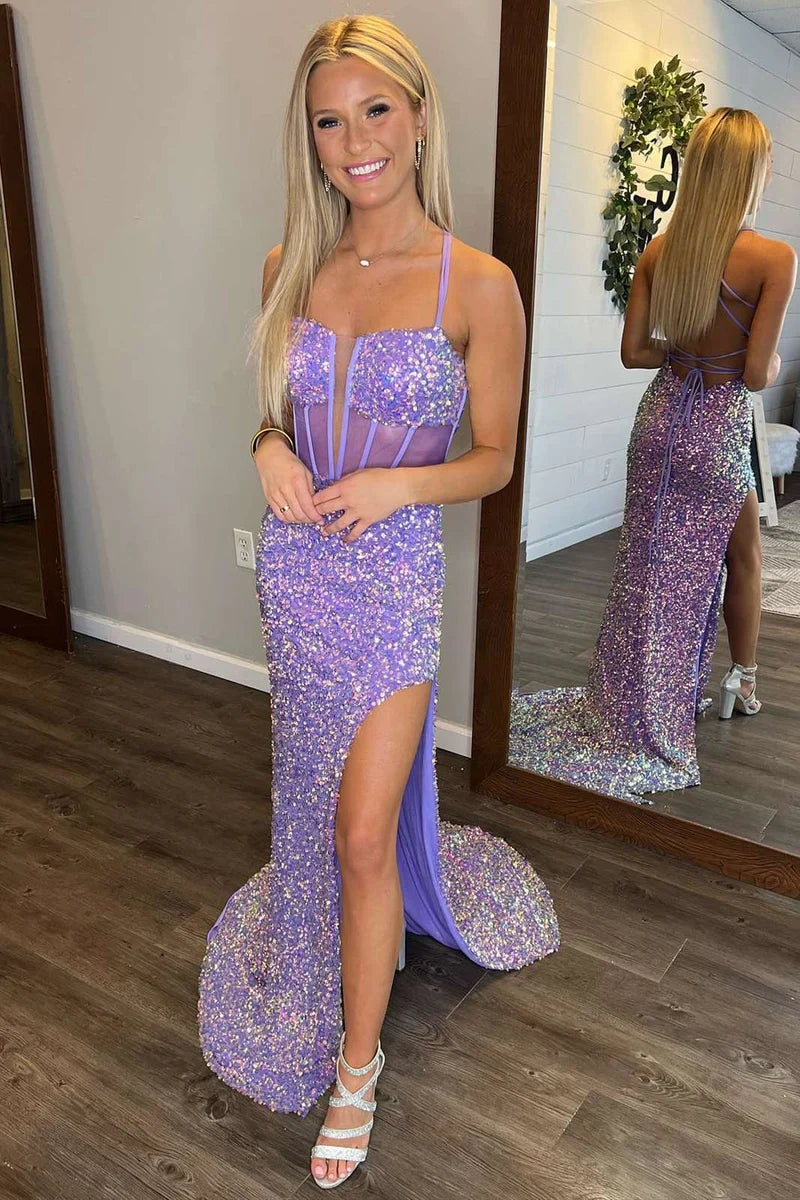 Deal Mania ashionable dressGlitter Fitted Square Spaghetti Straps Sequins Party Prom Dress