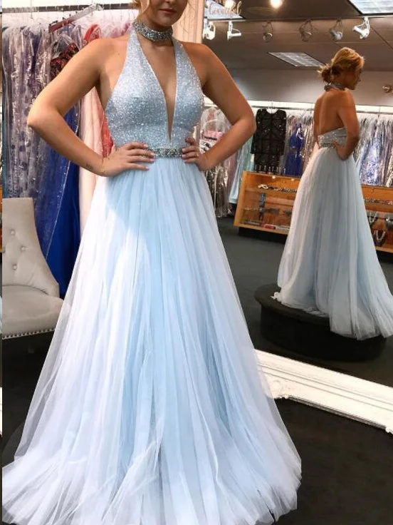 Daily Deals High Neck Prom Dresses Halter A-line Long Open Back Prom Dress Fashion Evening Dress JKL1571