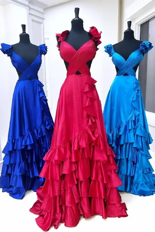 Exclusive Savings spaghetti strap dressFuchsia Crossed Top Ruffled Layers Long Prom Dress with Slit