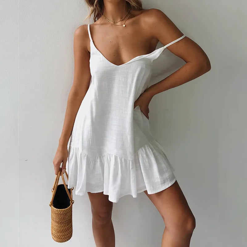 Special Promotion vintage coatDress 2023 Spaghetti Strap Dresses Off Shoulder Women Summer White Shift Dress Ruffle Sexy Sundress Mini Cotton Linen Vestidos