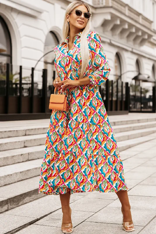 Deal Explosion Multicolor Abstract Geometric Print Long Sleeve High Waist Dress