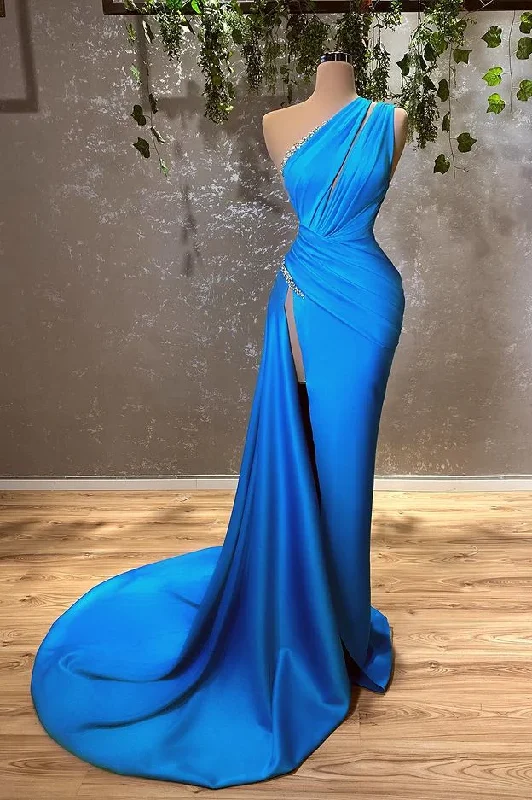 Discount Deals elegant evening dressSexy Blue One Shoulder Split Mermaid Prom Dress With Beads Y4354