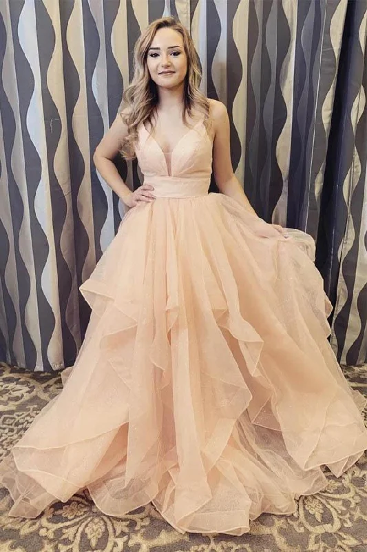 Act Now A-line V-neck Long Backless Prom Dresses, Tulle Sweet Dress With Ruffles  GJS239