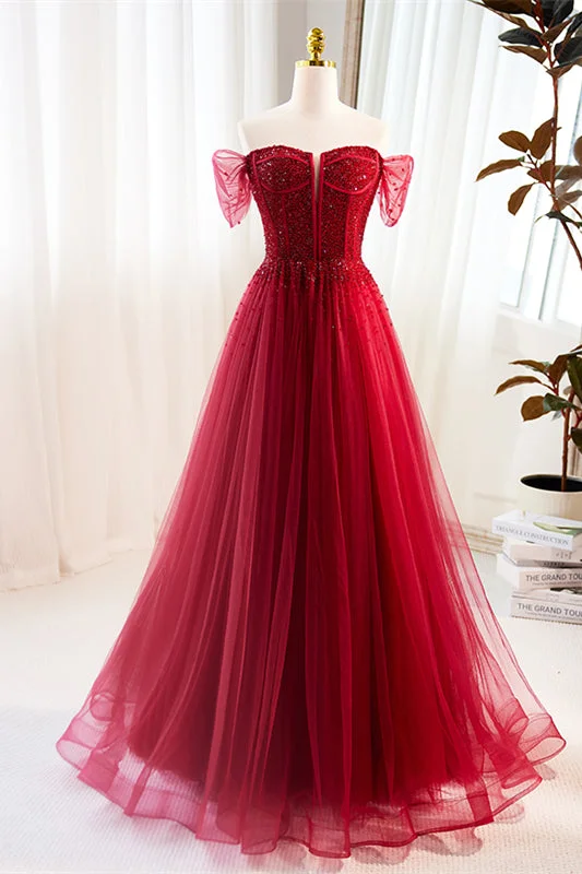 Value Deals bohemian dressRed Off-Shoulder Beaded A-line Tulle Long Prom Dress