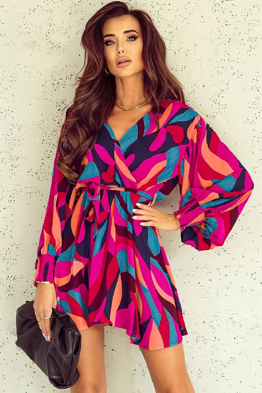 Hurry In Fiery Red Abstract Printed Belted Puff Sleeve Mini Dress