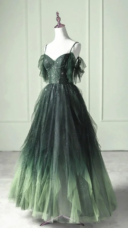 Clearance Items summer dressDark Green Ombre Straps Tulle Layered Long Prom Dress,Green Formal Dress Y4473