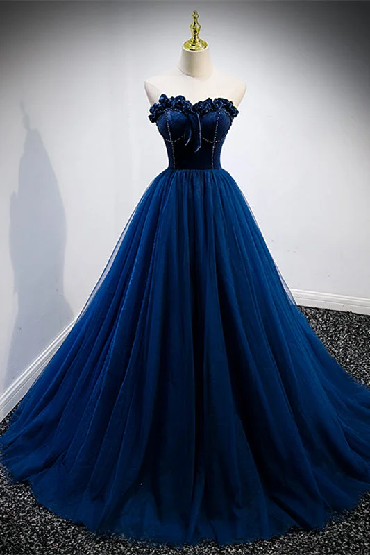Closeout satin midi dressDark Blue Strapless Ruffle Tulle Lace-Up Back Beaded Long Formal Dress Closeout satin midi dressDark Blue Strapless Ruffle Tulle Lace-Up Back Beaded Long Formal Dress