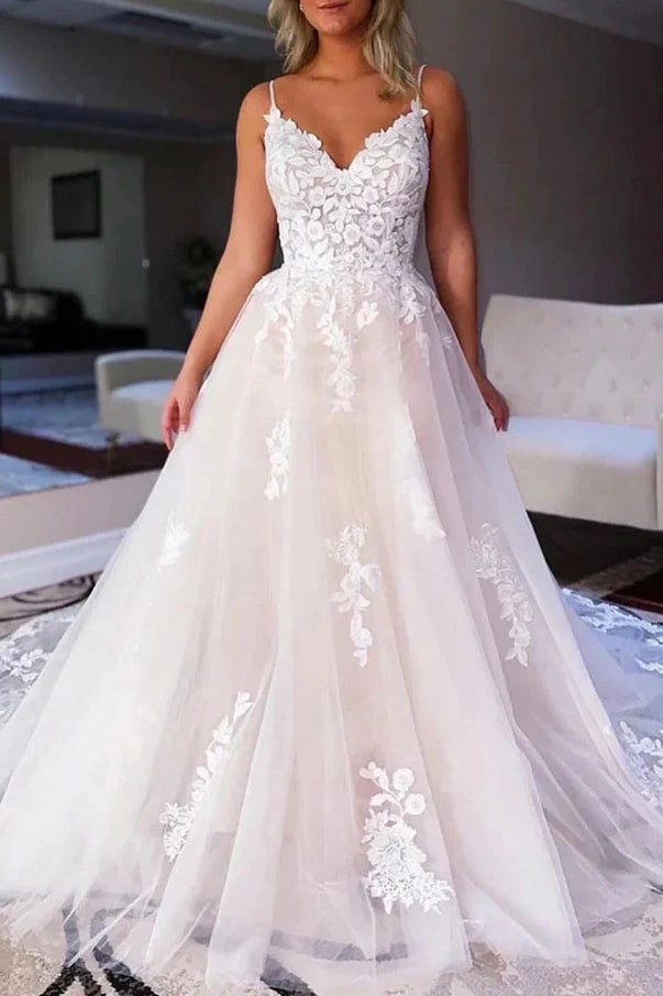 Savings Event formal dressV-Neck Spaghetti Straps Lace Appliques Tulle A-Line Wedding Dress