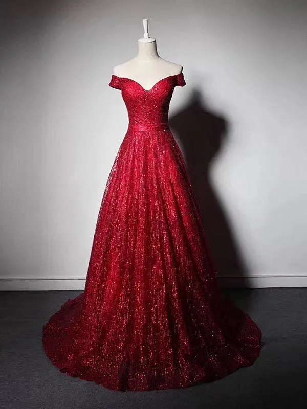 Steals and Deals Sparkly Prom Dresses Off-the-shoulder Aline Long Gorgeous Lace Prom Dress JKL1618