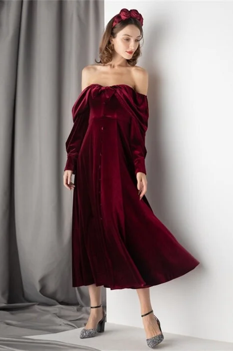 Customer Appreciation Sale pleated maxi dressBurgundy Velvet Long Sleeves Dress
