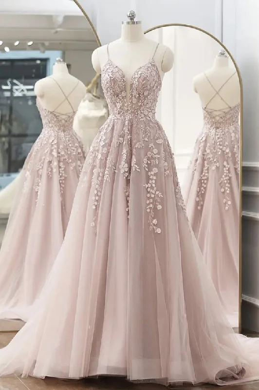 Act Fast Pink  A line Tulle V Neck Lace Long Prom  Evening  Dress GJS259
