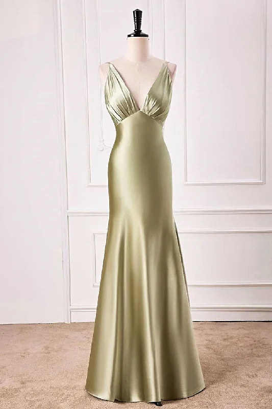 Big Discounts summer floral dressDusty Sage Mermaid V Neck Satin Long Prom Dress