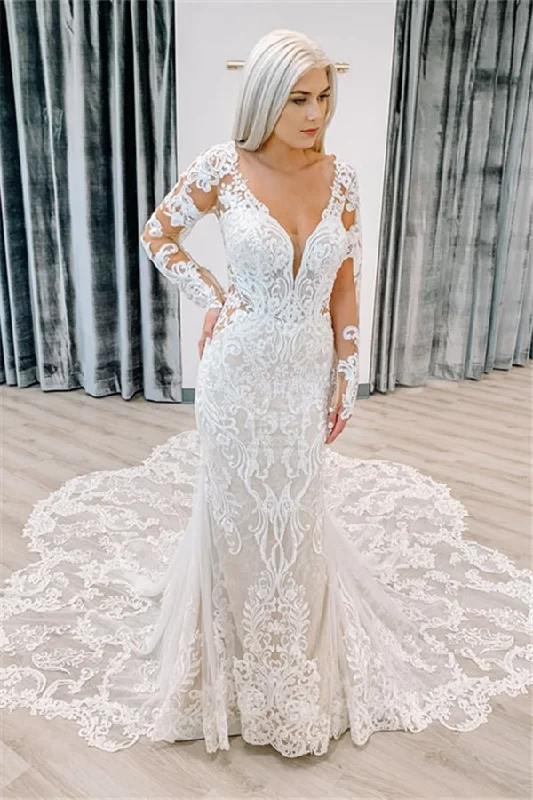 Deal Dash Chic Lace Long Sleevess Court Train Column Wedding Dress