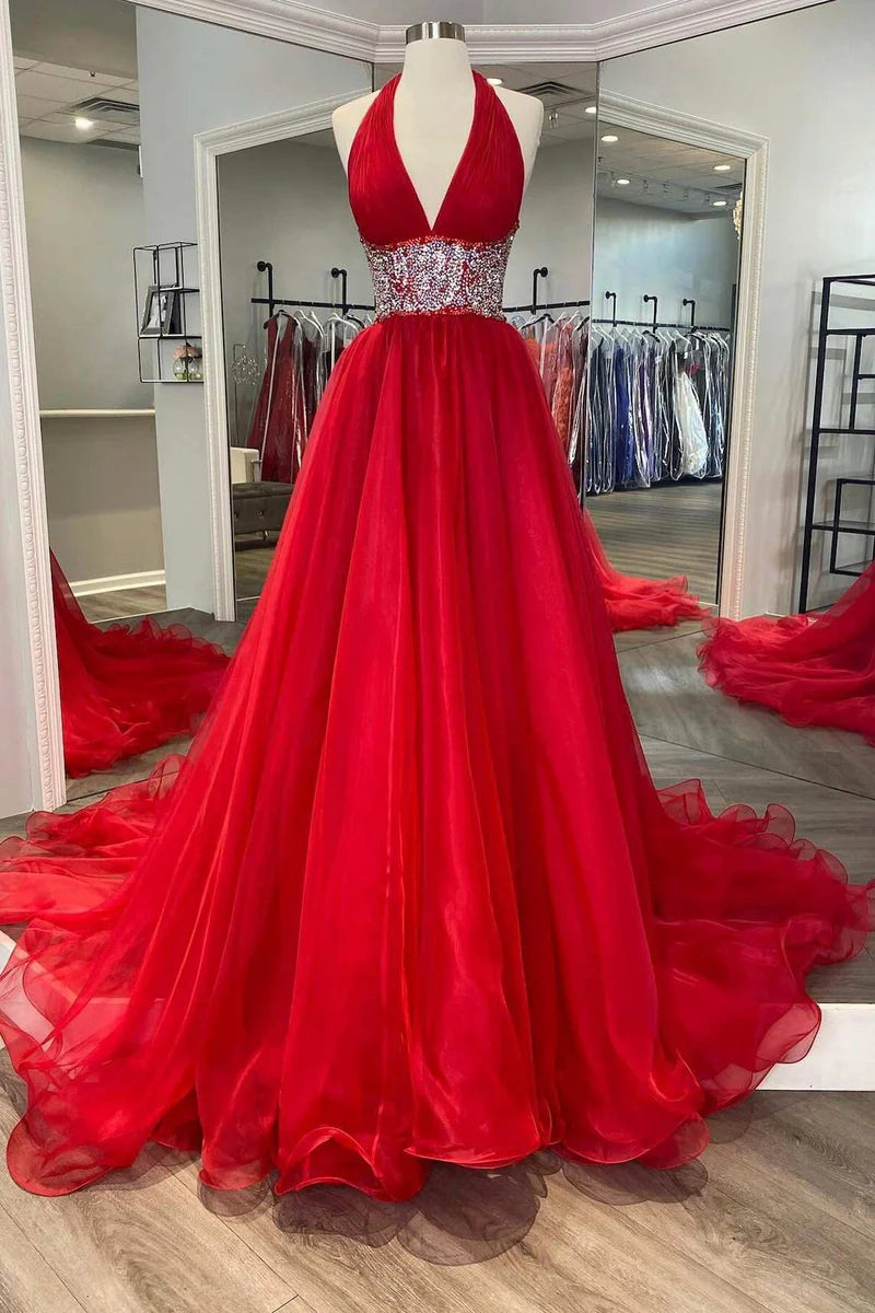 Quick Sale off-the-shoulder dressSexy V-Neck Halter Open Back Appliques Tulle A-Line Prom Dress