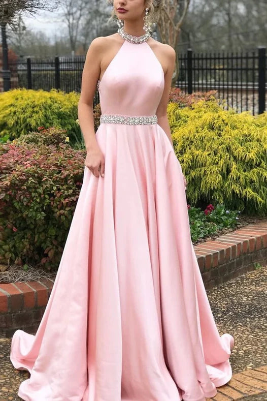 Shop and Save A-line dressHigh Neck Sleeveless Beaded Satin A-Line Long Prom Dress