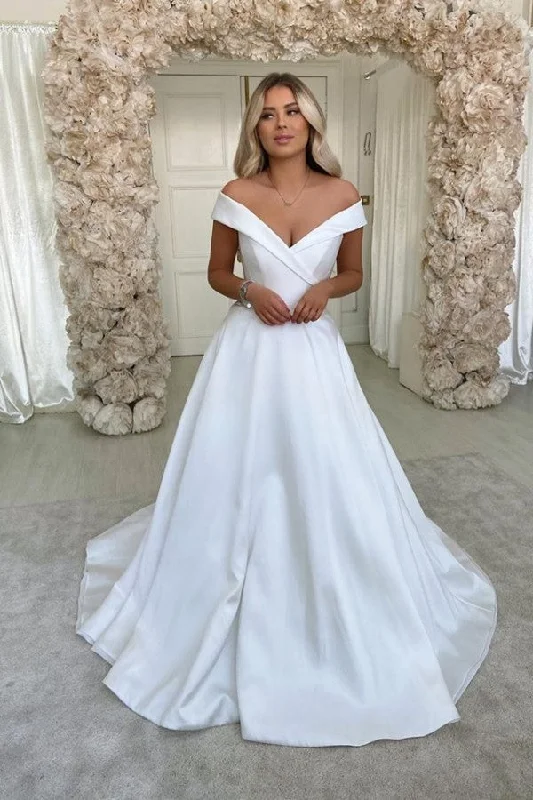 Price Meltdown Classic Off The Shoulder V neck Wedding Dresses A line Pleated Bridal Gowns