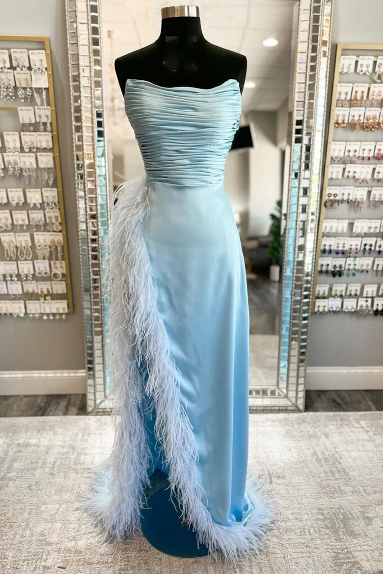 Warehouse Sale casual knit dressSheath Strapless Empire With High Slit Feathers Prom Dress