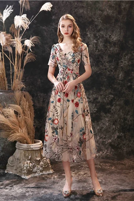 Closeout Sale elegant maxi dressFloral Embroidered Dress with Short Sleeves