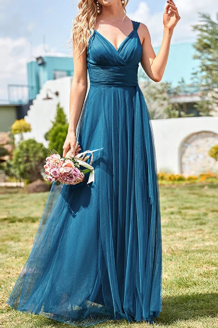 Weekend Deal casual knit dressTulle A-Line V-Neck Spaghetti Straps Long Bridesmaid Dress