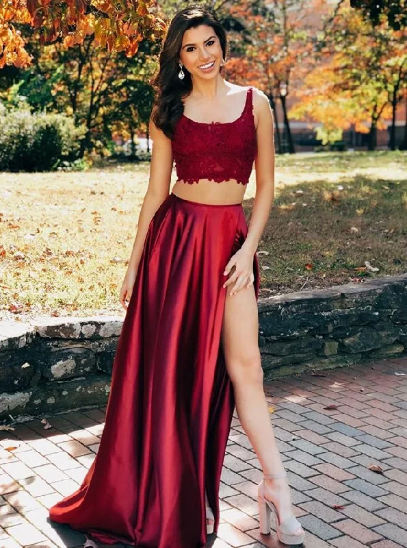 New Arrival Two Pieces Scoop Sleeveless Burgundy Split Criss Cross Back Prom Dresses, JKZ7113