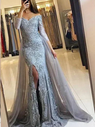 Doorbuster Deal Long Sleeve Prom Dresses Off-the-shoulder Lace Long Beautiful Slit Prom Dress JKL1560